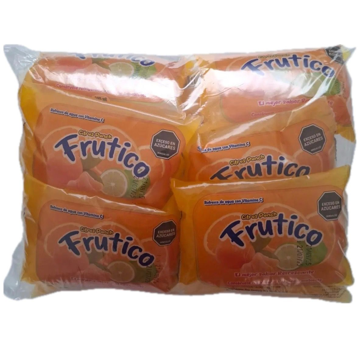 Empaque de FRUTICO, jugo embolsado sabor naranja, presentación por 12 unidades